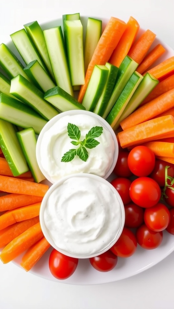 A colorful platter of raw vegetables with a bowl of Greek yogurt dip, perfect for a healthy zero points snack.